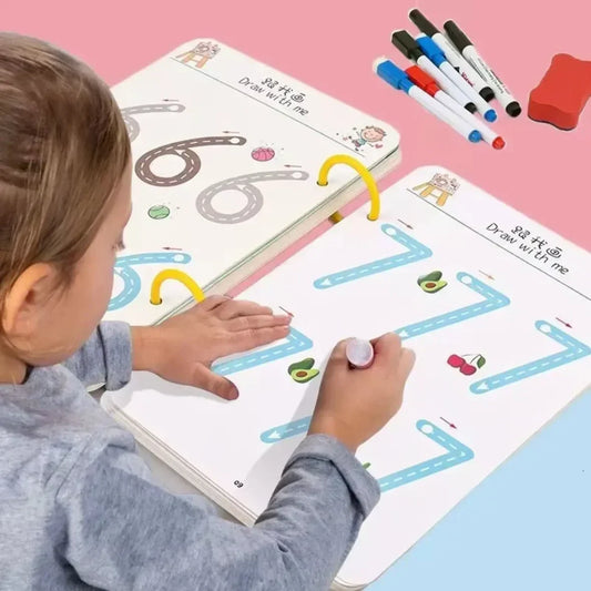 64-Page Reusable Tracing Workbook for Kids – 2 Markers & Attached Duster